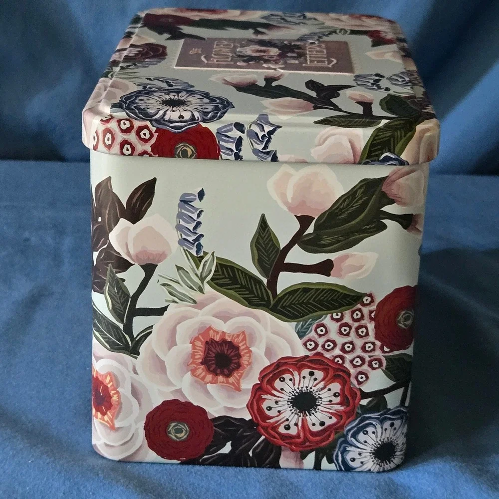 The Flower Letter Floral Botanical Decorative Storage Tin Box Sage Green Vintage